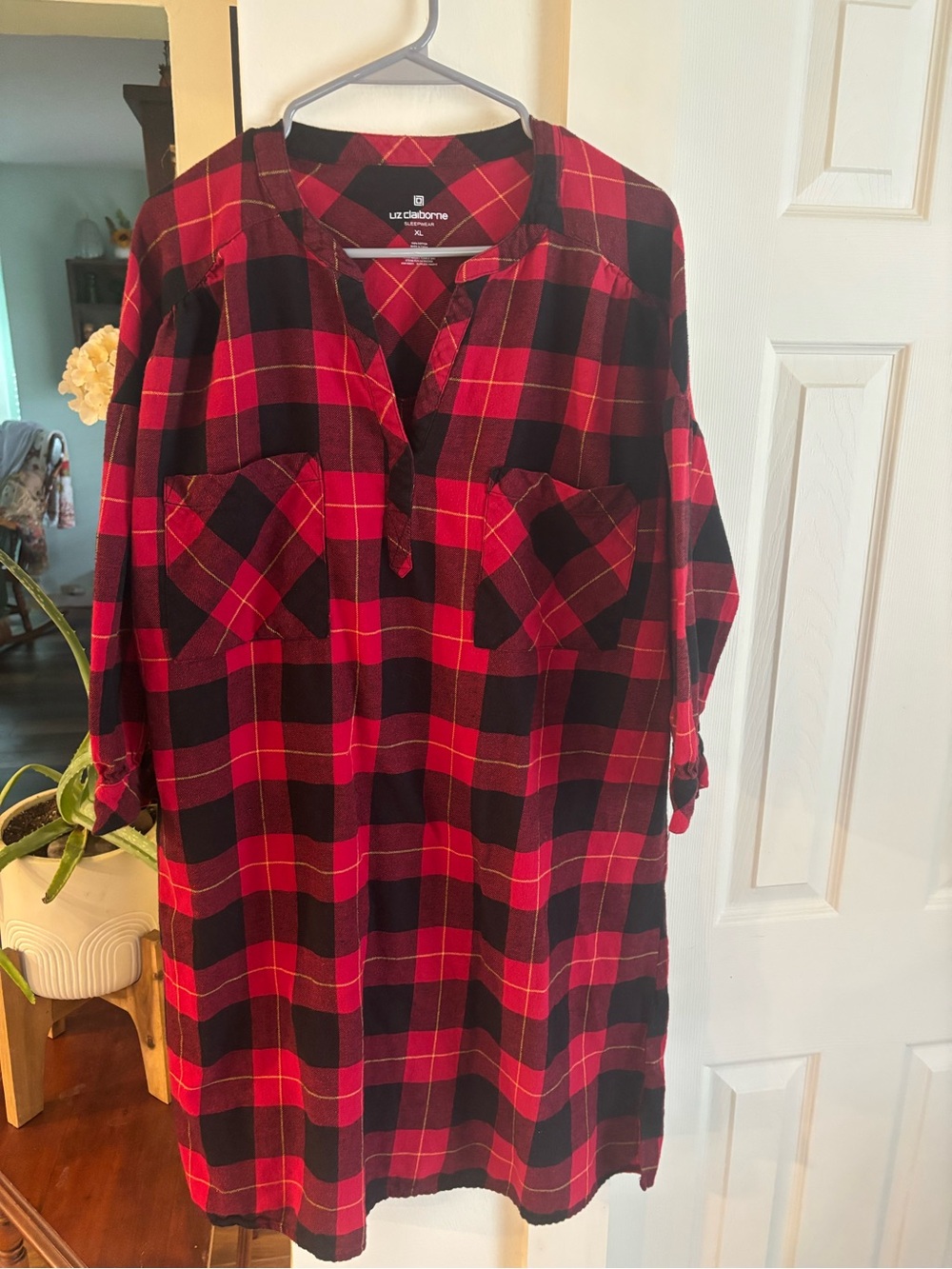 Liz Claiborne Red and Black Plaid Button-Front Tunic Shirt